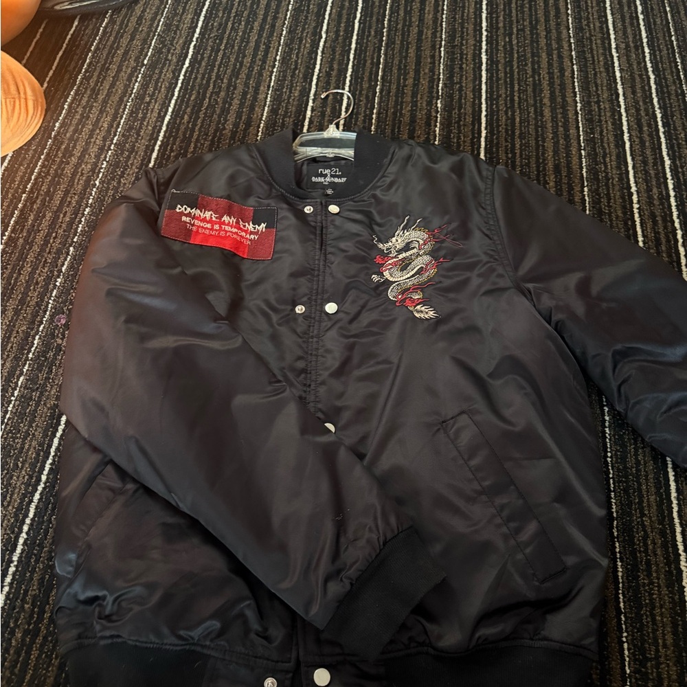 Rue21 Black Bomber Jacket with Dragon Embroidery